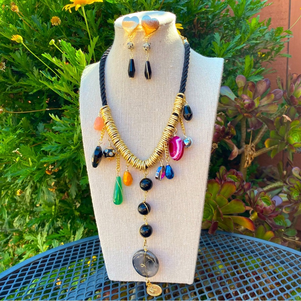 Funky handmade natural stone necklace and earrings set